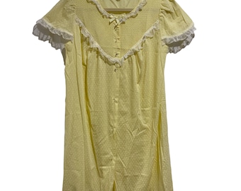 Barbizon Nightgown Vintage Yellow Cotton Semi Sheer White Lace Ruffle Accents