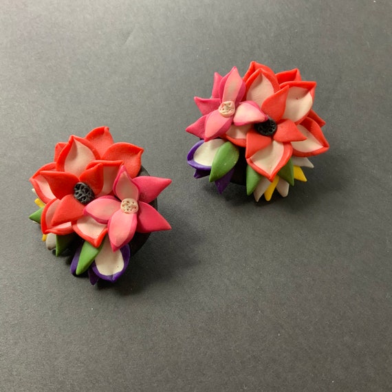 Earrings floral flower Polymer clay flower cluste… - image 5