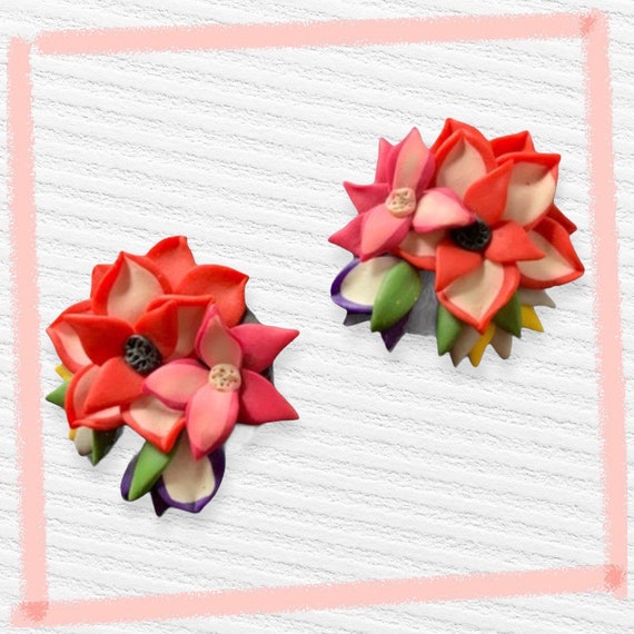 Earrings floral flower Polymer clay flower cluste… - image 4