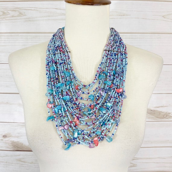 Vintage 1980s multi strand blue seed beads & shel… - image 2