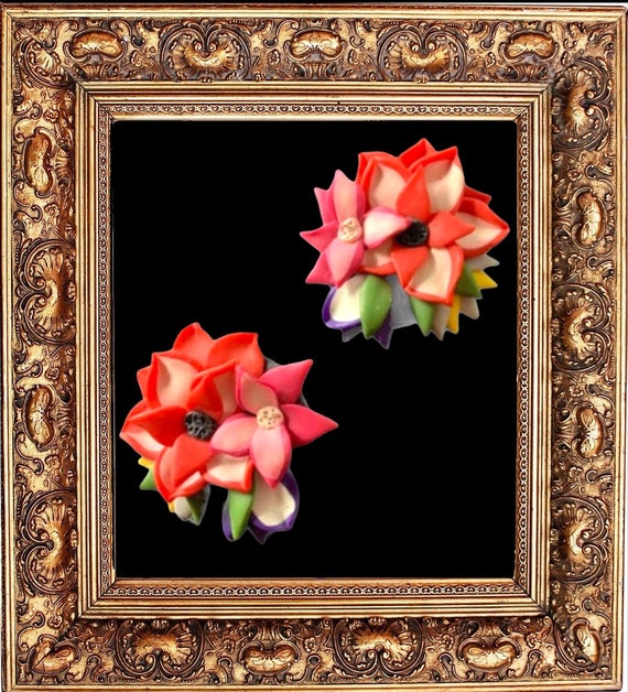 Earrings floral flower Polymer clay flower cluste… - image 1