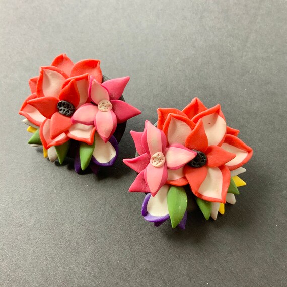 Earrings floral flower Polymer clay flower cluste… - image 2