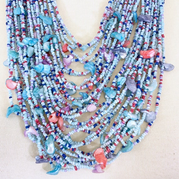 Vintage 1980s multi strand blue seed beads & shel… - image 3