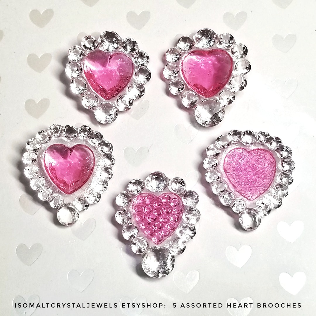 5 Crystal Heart Brooches, Isomalt Sugar Cake Jewels, Edible Cake Jewels