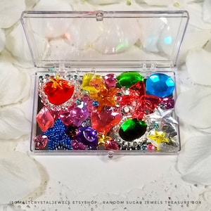 Treasure box filled with a Random Mix of sugar Cake Jewels, Gemstones, Brooches, Stars, Diamonds, Pearls, etc. in various colors & sizes