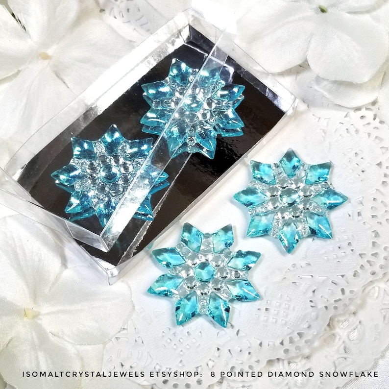 Snowflake with 8 pointed diamonds for your Winter themed cake decoration, cup cake top, dessert plate garnish, Frozen themed cake decoration Aqua out/Clear in