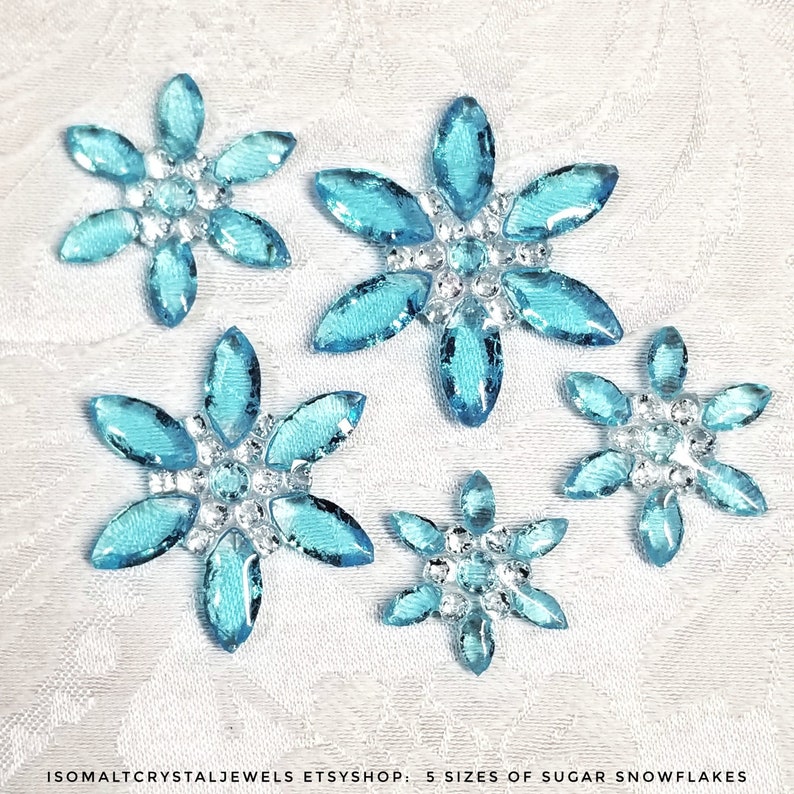 5 sizes of sugar Snowflakes made of Marquise gemstones and diamond studs, Winter/Frozen themed Birthday cake, Princess cakes, Snow flowers Aqua out/Clear in