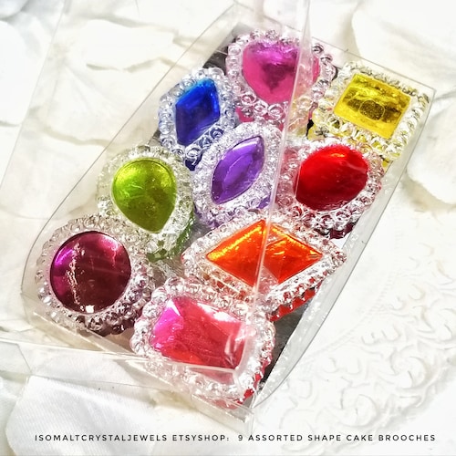 9 assorted isomalt Sugar Brooches: isomalt Cake Jewels, Cupcake Toppers