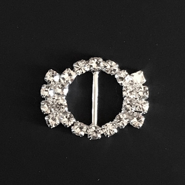 Elegant Circle Rhinestone Crystal Buckle Slide with side details silver 1"wide;  3/4" high with  1/2" center bar for ribbon