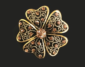 Lacy Filagree Flower Brown Topaz Crystal  Brooch pin 1 1/2” gold tone