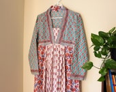 Sundari Dress-Maxi Length,Block Prints,Bohemian,Green,Blue,White,Orange,Casual,Occasional,Pure Cotton,Handmade,Ethical Fashion,Paneled