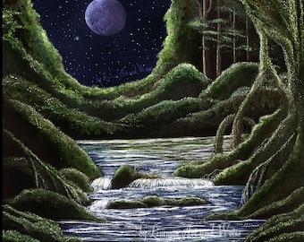 Póster de fantasía "Detrás de la Luna", imagen de la luna, paisaje lunar, bosque místico – Cuadro mural DIN A2 | Paisaje de fantasía con luna y cascada