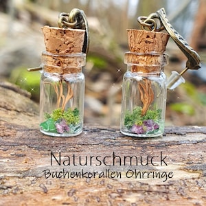 Könnte beinhalten: Ein Paar Ohrringe mit kleinen Glasflaschen, gefüllt mit Moos und winzigen rosa und grünen Steinen. Die Flaschen sind mit Korkstopfen versehen und haben antike bronzefarbene Haken.