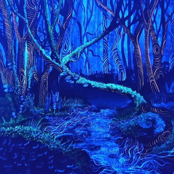 Poster Mural Tissu Forest Stream Réactif Aux UV - 60x90cm, Effet 3D Sous Lumière Noire, Décoration Psychédélique