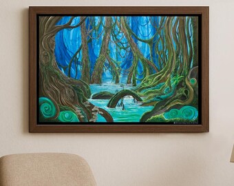 Póster de bosque fantástico, bosque encantado, imagen fantástica, lugar mágico, imagen de bosque, paisaje forestal, arte espiritual, paisaje musgoso