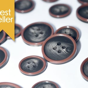 Set of Synthetic/Nylon Blazer Buttons 5 Large & 10 Small - FG201 - Grey with Brown Rim (Large ø20.0mm, Small ø15.0mm)