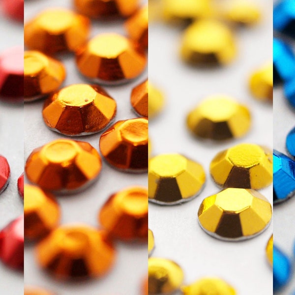 Hot Fix Metallic Rhinestuds available in 2 Sizes (ø3.0mm or ø4.0mm in Diameter) min 144Pcs/Bag, Choice of 4 Colours Gold, Orange, Red, Blue)