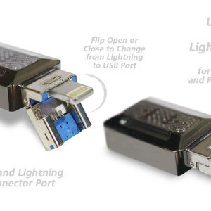 May include: A black and silver USB Type-C to Lightning/USB converter with a flip design. The converter has a USB-C port on one side and a Lightning port on the other. The text "USB Type-C to Flip Lightning/USB Converter for Data Transfer and PD Fast Charge Purposes" is printed on the white background.