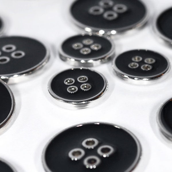 Set of Nylon/Synthetic Blazer Buttons 5 Large ø20mm & 10 Small ø15mm- GB93002 - Black on Silver Raised Rim (4 Sewing Holes)