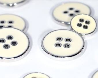 Set of Nylon/Synthetic Blazer Buttons 5 Large ø20mm & 10 Small ø15mm- GB93001 - Cream on Silver Raised Rim (4 Sewing Holes)