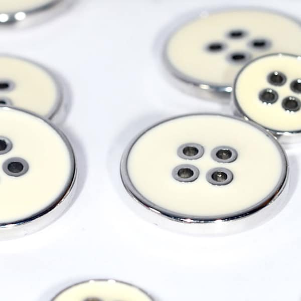 Set of Nylon/Synthetic Blazer Buttons 5 Large ø20mm & 10 Small ø15mm- GB93001 - Cream on Silver Raised Rim (4 Sewing Holes)