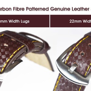 May include: Carbon fiber patterned genuine leather watch straps in brown with yellow stitching. The straps have silver buckles and are available in 24mm and 22mm width lugs.