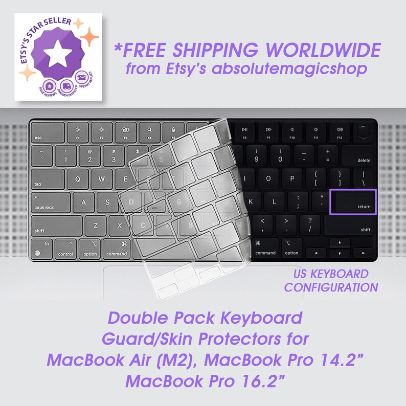 absolute-magic.com -VALUE DOUBLE-Pack MacBook Air 13.6" M2 (2022) or Double-Pack MacBook Pro 14.2"/16.2" Keyboard Cover Guard/Skin Protector (US Keyboard Only)