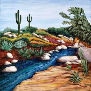 Desert Stream Acrylic Painting: Cactus Landscape on Canvas (12x12)