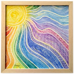 May include: A framed watercolor painting featuring a vibrant sunburst design. The artwork showcases a yellow sun radiating colorful waves in shades of red, orange, yellow, green, blue, and purple. The painting is signed "Bonnie" in the lower left corner.