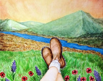 Hiker's Mountain Daydream Original Watercolor Painting, Mountain View Watercolor Painting, Girl's Room Art Decor