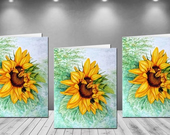 Sunflower Watercolor 3 Note Cards: Blank Floral Card Set with Envelopes