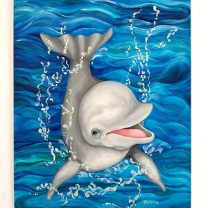 May include: A white dolphin with a pink mouth and a green eye jumps out of the water, creating a spray of white bubbles. The water is a deep blue with swirls of light blue and green. The painting is signed "Bonnie" in the bottom right corner.
