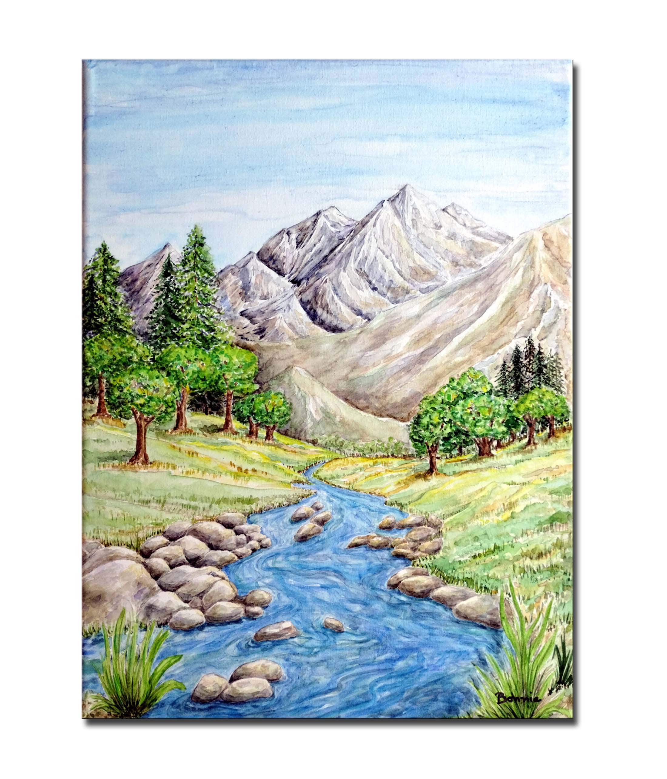 Mountain Stream Watercolor Painting: Serenity Mountain Art