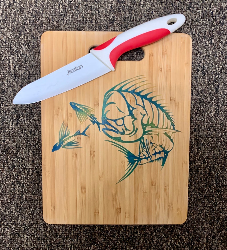 Bamboo cutting board with epoxy inlay of Mahi and Baitfish Etsy