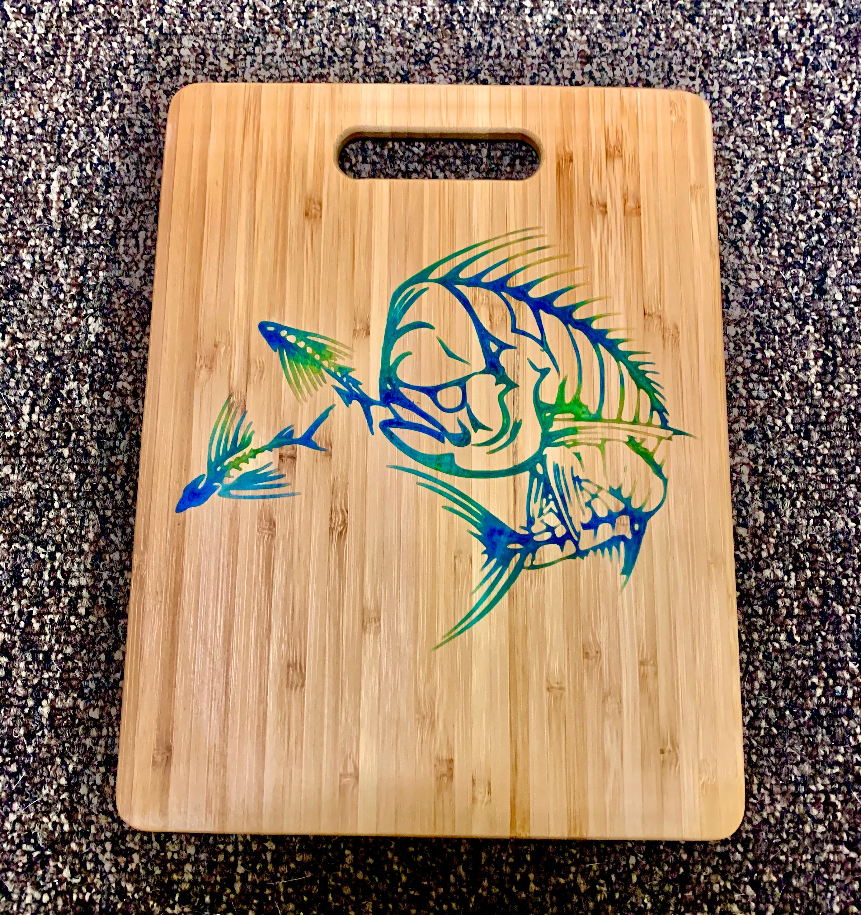 Bamboo cutting board with epoxy inlay of Mahi and Baitfish Etsy