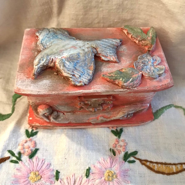 Clay Appliqué Blue Bird Trinket Box Jewelry Box Keepsake Box Vintage Victorian Art Deco Style Peach White Blue