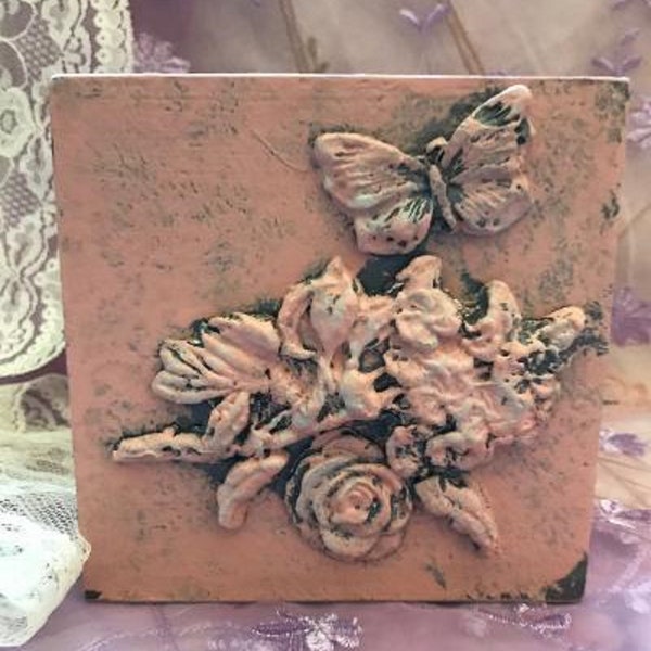 Shabby Chic handmade wood planter box,  butterfly and rose, floral, pink black,  gold, clay mold,office storage, art storage