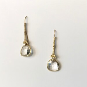 Vermeil and Quartz Crystal Dangle Earrings, Linear, Special Occasion, Bridesmaid. Bride, Wedding Gold E136