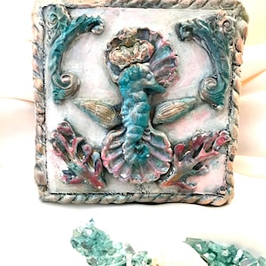 Handmade Shabby Chic, Farmhouse Seahorse Wood and Clay Tile, Sea, Sea creatures, clay applique,