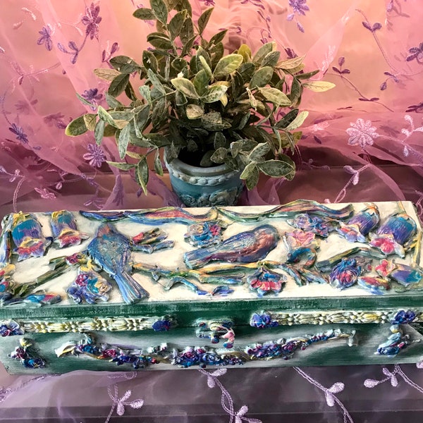 Shabby chic handmade wood and clay Bluebirds Bellflowers Floral Garland Keepsake Box Jewelry Box Tea Box Seed Box Green Violet