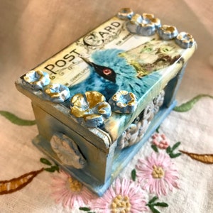 Decoupage And Clay Appliqué Handmade Whimsical Blue Bird Trinket Box Jewelry Box Keepsake Box Vintage Victorian Art Deco Style Blue White