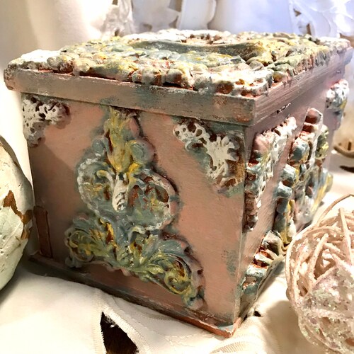 Handmade wood and clay kneeling angels keepsake /jewelry box. shops Renaissance inspired, baroque, shabby chic, pink, gold