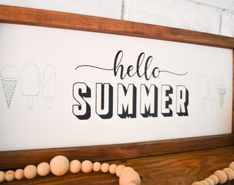 Hello Summer Sign-Framed Wood Sign-Ice Cream Sign-Summer Sign-Summer Farmhouse