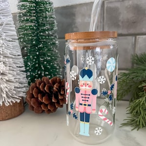 Iced Coffee Glass Cup, Glass Tumbler with Straw, 16oz Glass Can, Nutcracker Sweet, Nutcracker Ballet, Nutcracker Gift, Pink Christmas