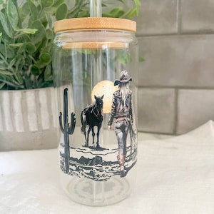 16oz Iced Coffee Glass Cup, Tumbler with Straw, Cowgirl Cup, Girl and Horse, Western Themed Cup