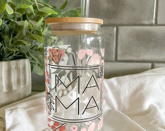 Mother’s Day Gift, 16oz Iced Coffee Glass Cup, Tumbler with Straw, Mom Gift, Glass Cup