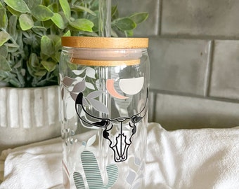 16oz Iced Coffee Glass Cup, Tumbler with Straw, Cowgirl Cup, Cactus Cup