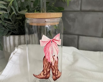 Glass Tumbler with Straw, Iced Coffee Cup, 16 oz cup, Cowgirl Boots, Cowgirl Up, Cowgirl Rodeo