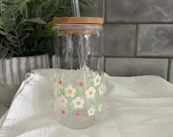 Welcome Spring Cup, 16oz Iced Coffee Glass Cup, Tumbler with Straw, Floral Cup, Flower Garden, Libbey Glass