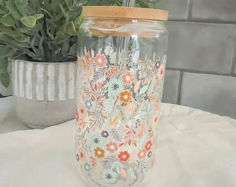 16oz Iced Coffee Glass Cup, Tumbler with Straw, Wildflowers, Wildflower Love, Floral Cup